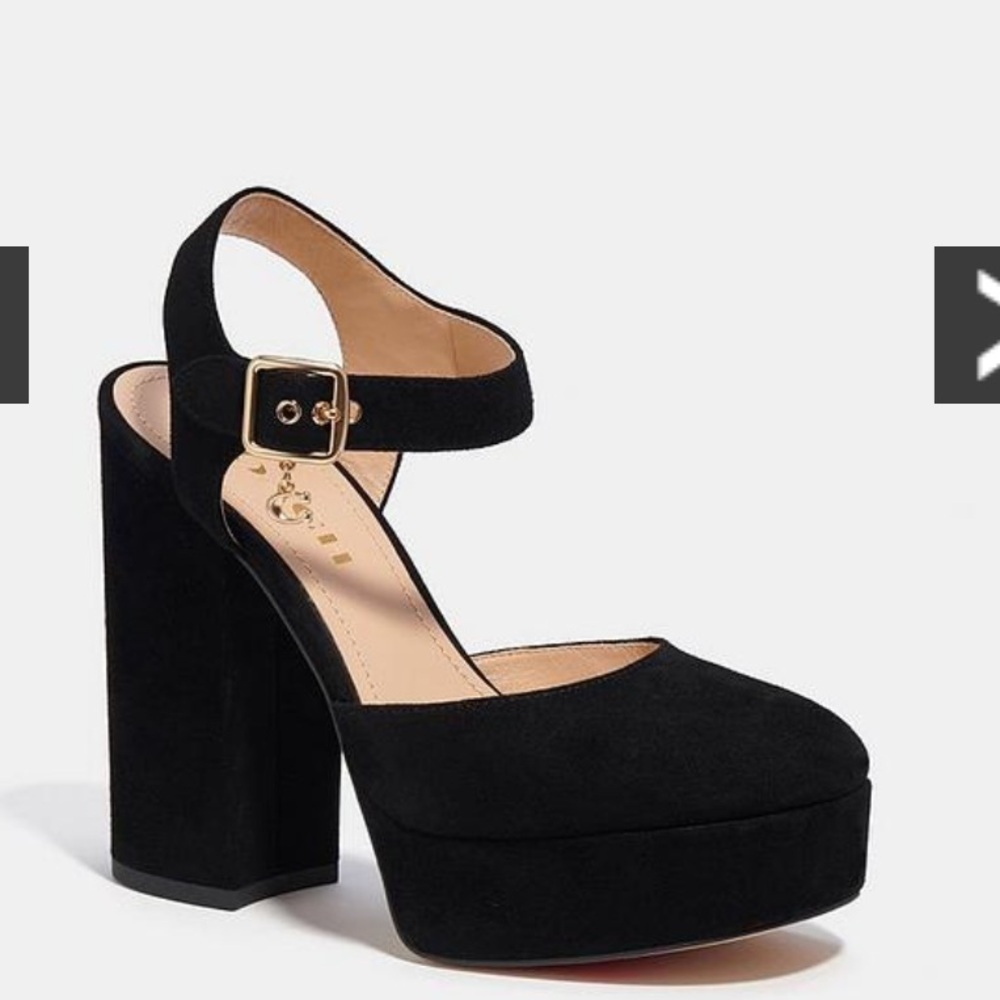 Coach Isabella Suede Black Ankle Strap Platform Pump Heels 9.5